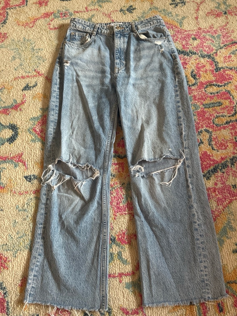 Zara Light Blue High-Rise Distressed Straight Jeans